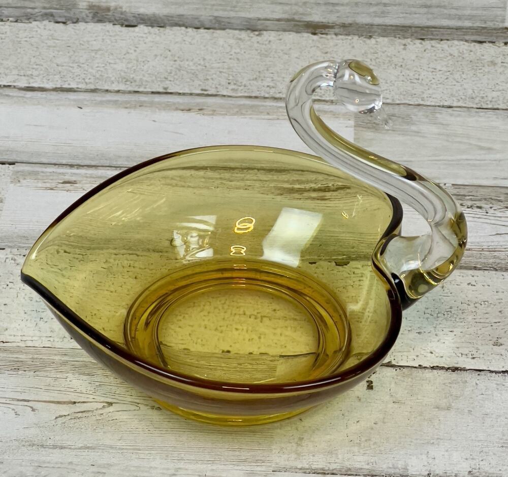 MCM New Martinsville Glass Swan Bowl Amber & Clear Heart Nut Vintage Heart Shape